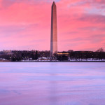 Washington Monument sunrise icy Potomac River Tidal Basin